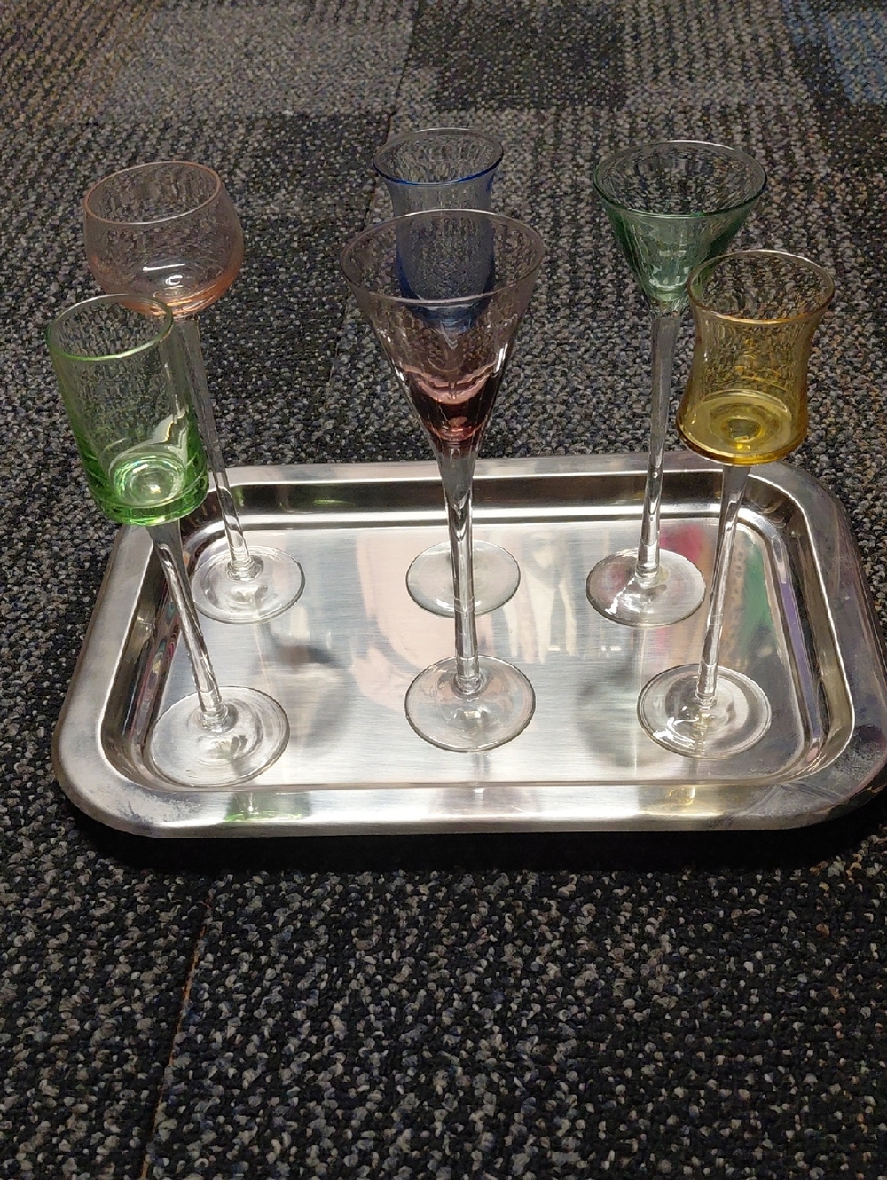vintage multi-colored cordial or liqueur glasses with Silver Tray